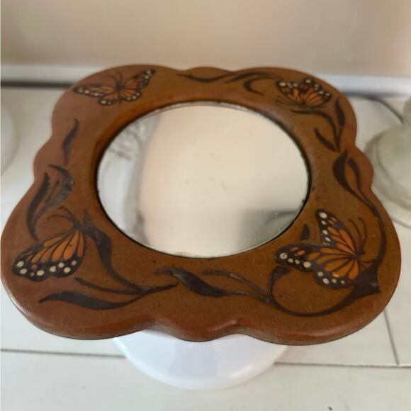 Vintage Wall Mirror pottery clay butterflies Heavy Stoneware Clay brown 9” hang - Picture 8 of 16